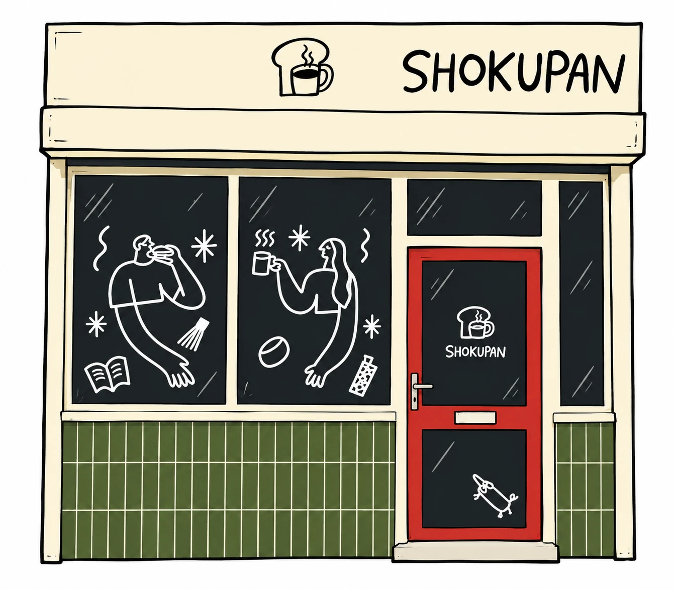 The Shokupan café shopfront: cream sign, chalkboard windows with line drawings of people enjoying coffee, green tiles and a red door.