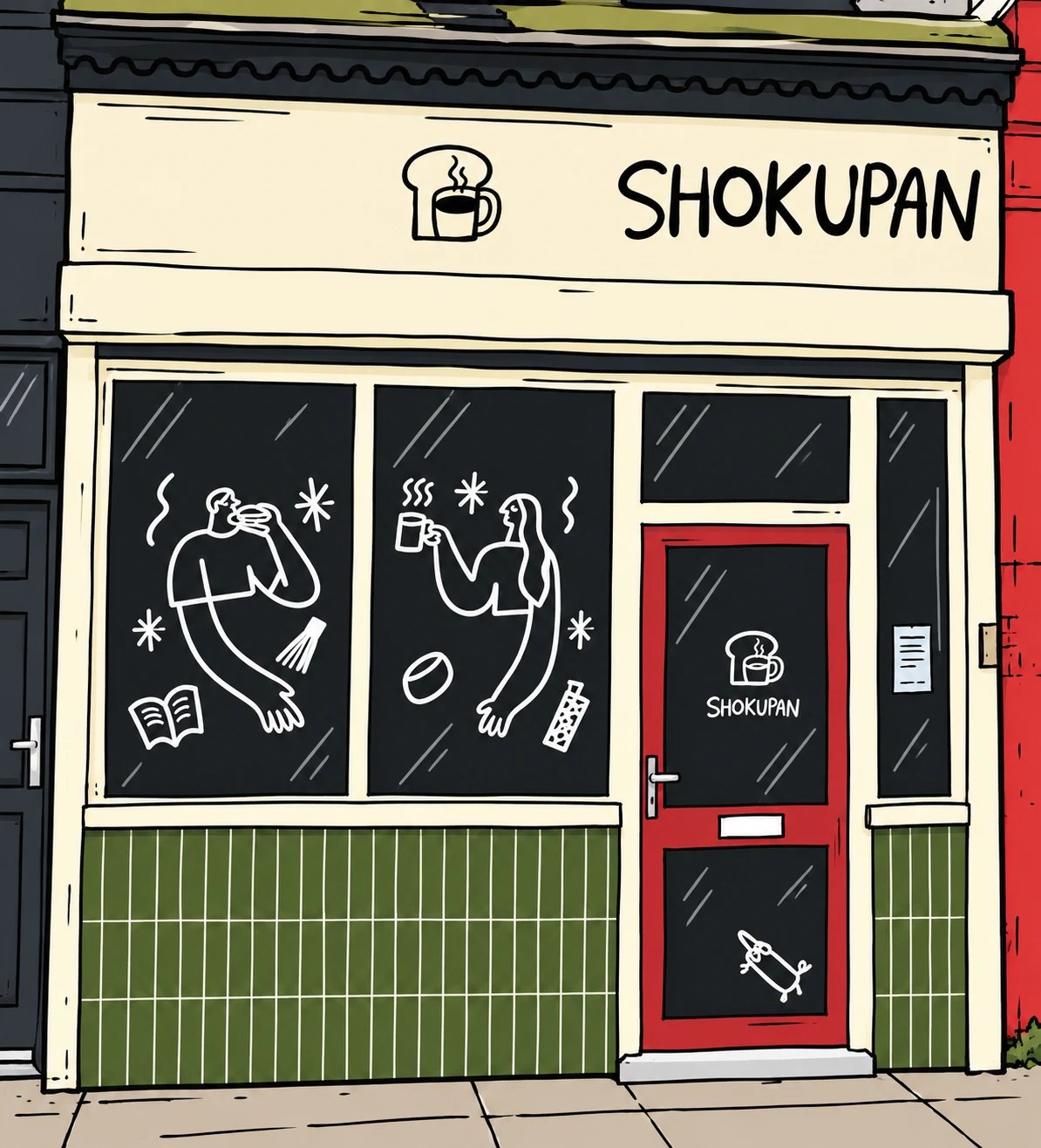 Illustration of the SHOKUPAN shop front: cream fascia with the bread-mug logo, green tiles, red door and hand-drawn figures in the windows